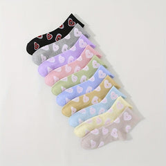 10 Pairs Heart Print Socks Comfy & Breathable Women's Stockings
