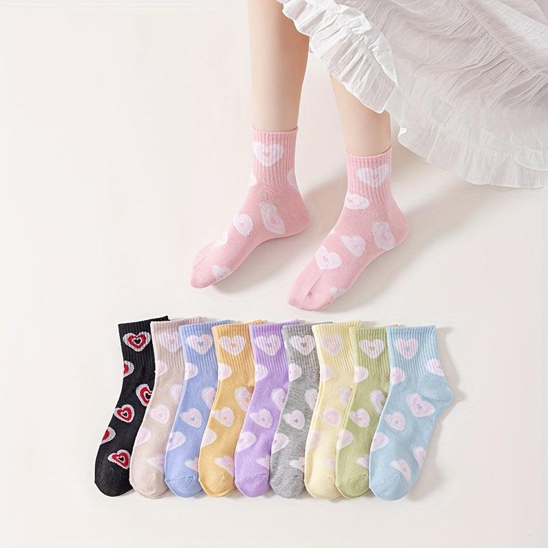 10 Pairs Heart Print Socks Comfy & Breathable Women's Stockings