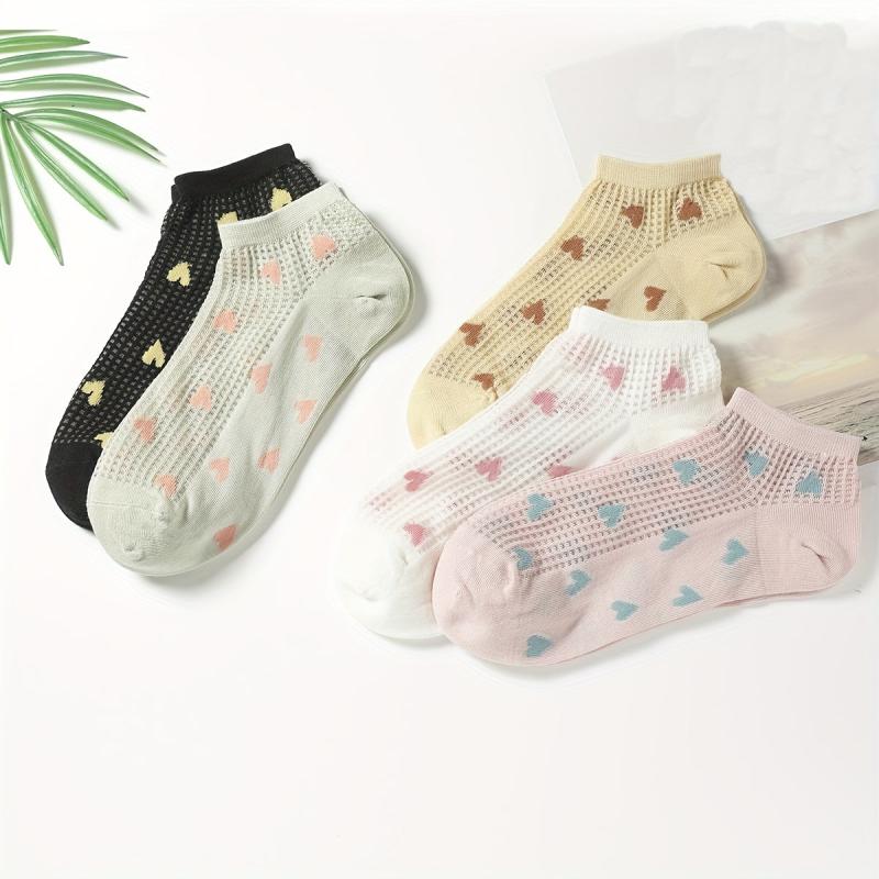 5 Pairs Heart Print Socks Women's Ankle Stockings
