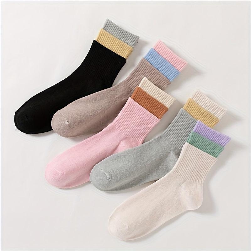 5 Pairs Colorblock Crew Socks Women's Stockings