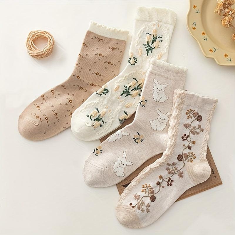 4 Pairs Floral Bunny Socks Comfy Ruffle Mid Tube Stockings