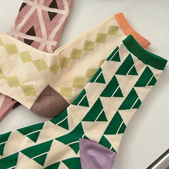Geometric Pattern Socks, Comfy & Breathable, Women's College Style Stockings