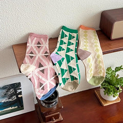 Geometric Pattern Socks, Comfy & Breathable, Women's College Style Stockings