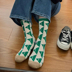 Geometric Pattern Socks, Comfy & Breathable, Women's College Style Stockings