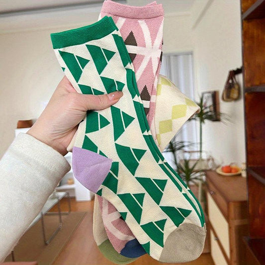 Geometric Pattern Socks, Comfy & Breathable, Women's College Style Stockings