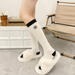 2 Pairs Flower Print Colorblock Calf Socks All match Knee High Stockings