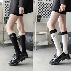 2 Pairs Flower Print Colorblock Calf Socks All match Knee High Stockings