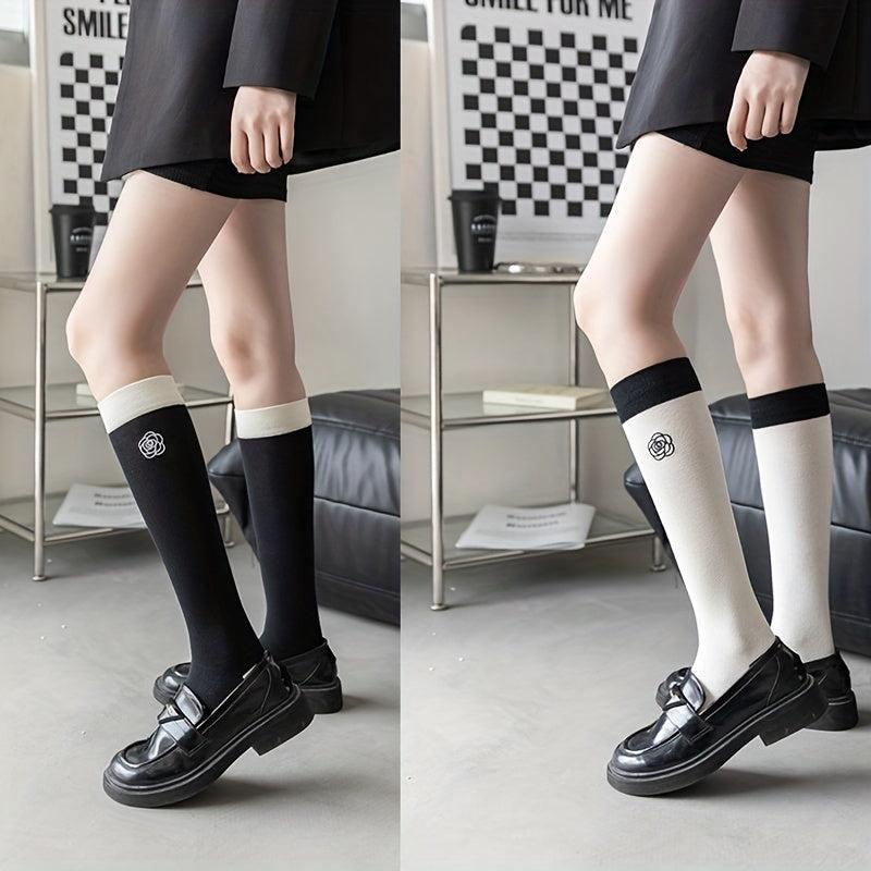 2 Pairs Flower Print Colorblock Calf Socks All match Knee High Stockings
