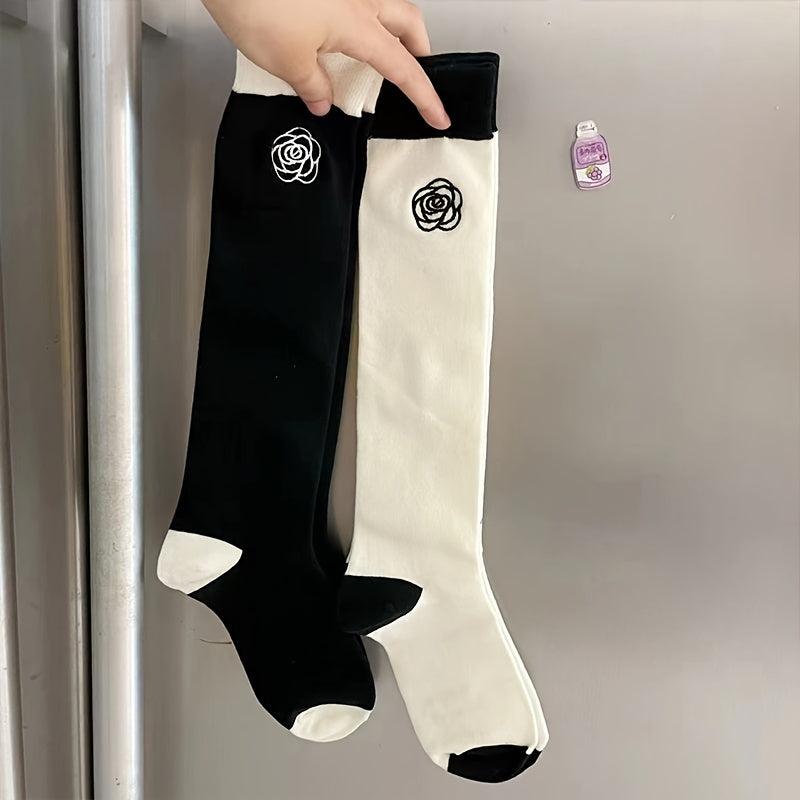 2 Pairs Flower Print Colorblock Calf Socks All match Knee High Stockings