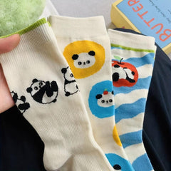 3 Pairs Panda Print Socks Comfy & Breathable Mid Tube Socks Women's Stockings