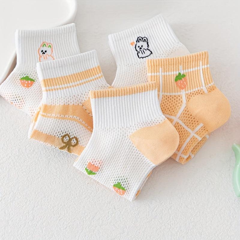 5 Pairs Bunny & Floral Print Hollow Out Short Socks Women's Stockings