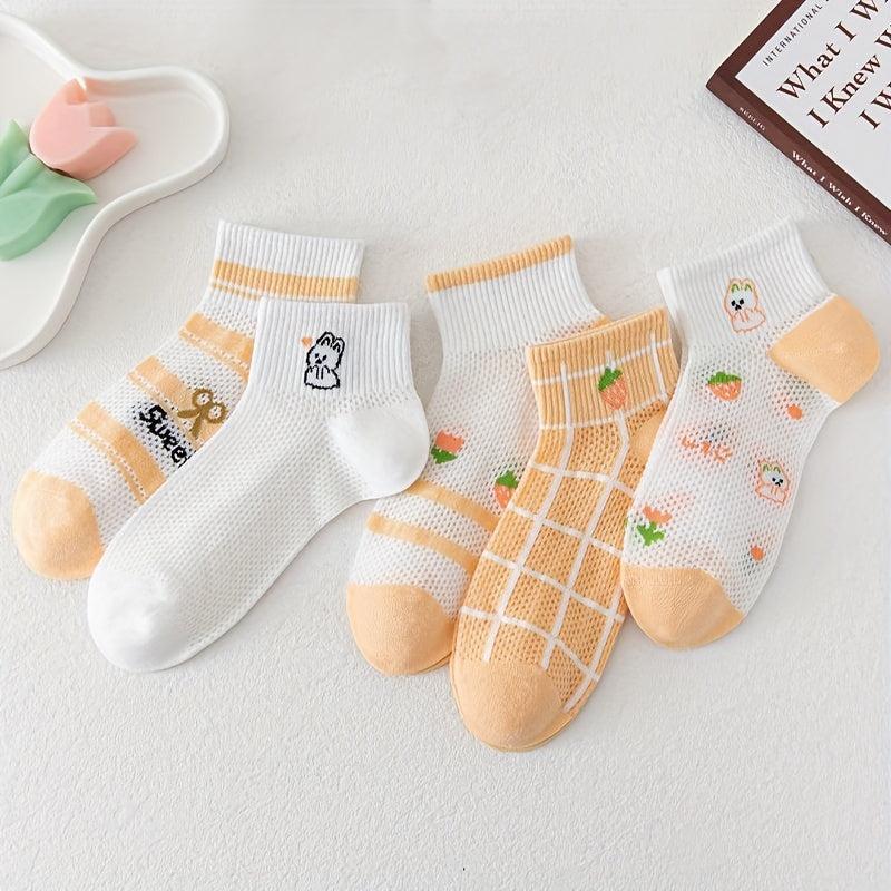 5 Pairs Bunny & Floral Print Hollow Out Short Socks Women's Stockings