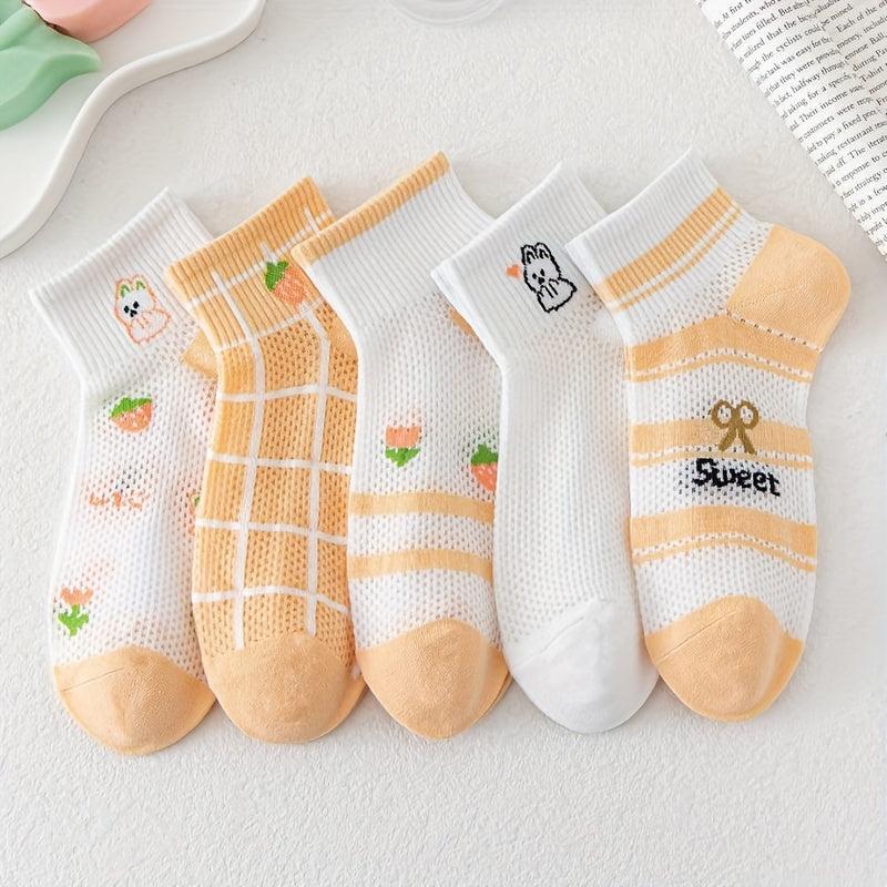 5 Pairs Bunny & Floral Print Hollow Out Short Socks Women's Stockings