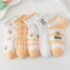 5 Pairs Bunny & Floral Print Hollow Out Short Socks Women's Stockings