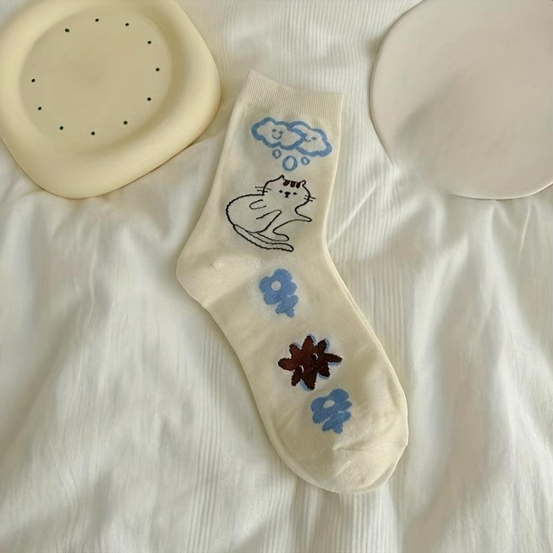 Cartoon Graffiti Print Socks Comfy & Mid Tube Women's Stockings