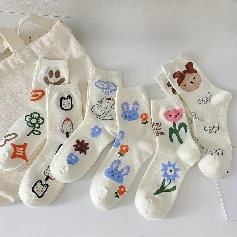 Cartoon Graffiti Print Socks Comfy & Mid Tube Women's Stockings
