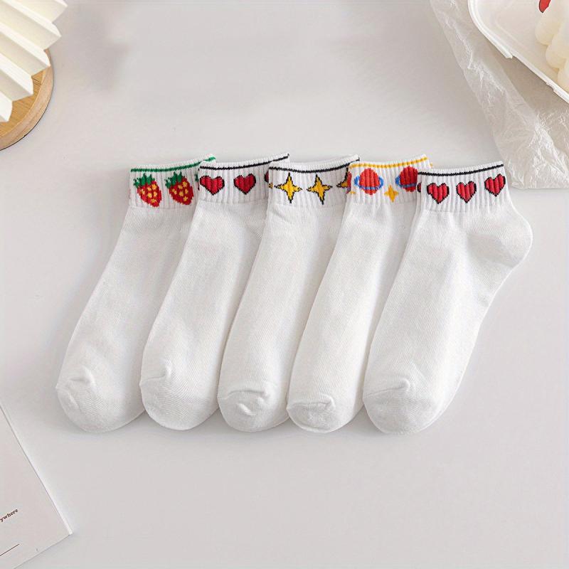 5 Pairs Heart & Star Print Crew Socks Soft & Comfy Stockings for Women