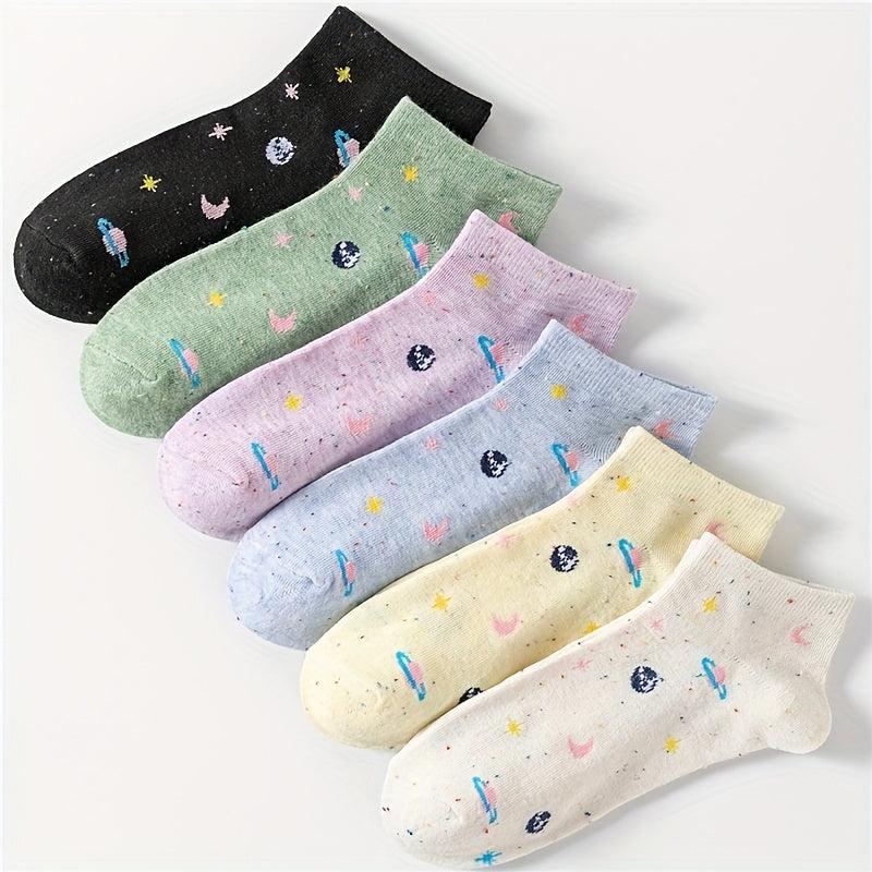 6 Pairs Star & Planet Print Ankle Socks Women's Stockings