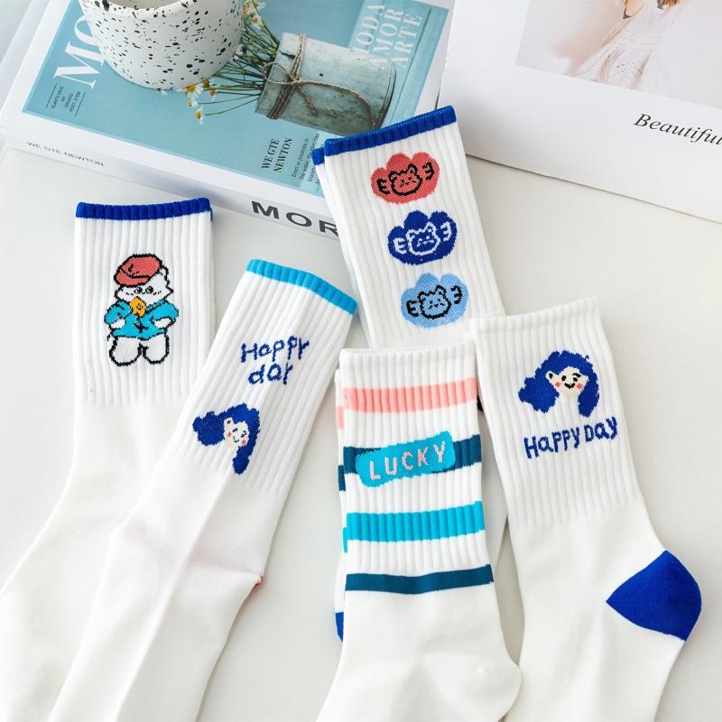 5 Pairs Cartoon Print Socks Women's Mid Tube Comfy Stockings Hosiery