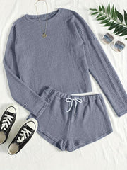 Solid Lounge Set Crew Neck Long Sleeve Top & Elastic Waistband Shorts