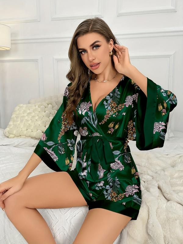 Floral Print Satin Romper V Neck 3/4 Sleeve Lounge Wear