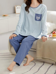 Heart Print Lounge Set Long Sleeve Crew Neck Top & Elastic Waistband Pants