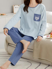 Heart Print Lounge Set Long Sleeve Crew Neck Top & Elastic Waistband Pants
