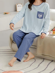 Heart Print Lounge Set Long Sleeve Crew Neck Top & Elastic Waistband Pants