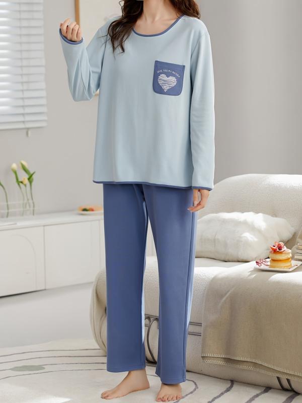 Heart Print Lounge Set Long Sleeve Crew Neck Top & Elastic Waistband Pants