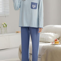 Heart Print Lounge Set Long Sleeve Crew Neck Top & Elastic Waistband Pants