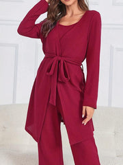 Solid Lounge Set Crew Neck Cami Top & Belted Robe & Loose Pants