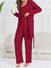 Solid Lounge Set Crew Neck Cami Top & Belted Robe & Loose Pants