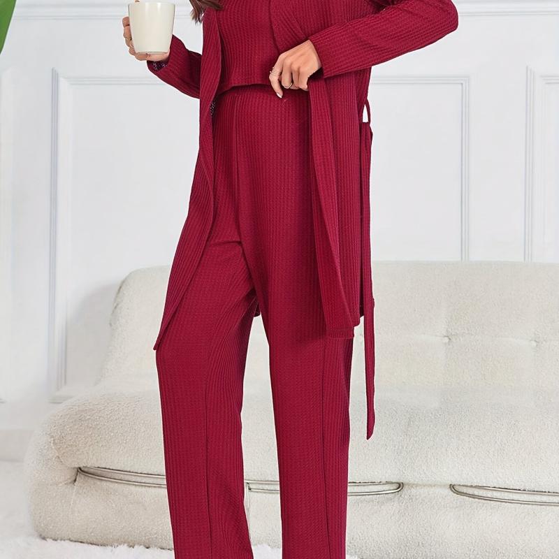 Solid Lounge Set Crew Neck Cami Top & Belted Robe & Loose Pants