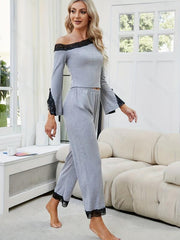 Lace Lounge Set Off Shoulder Top & Pants Women's Loungewear