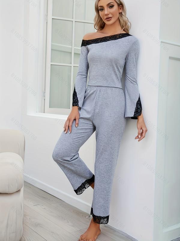Lace Lounge Set Off Shoulder Top & Pants Women's Loungewear