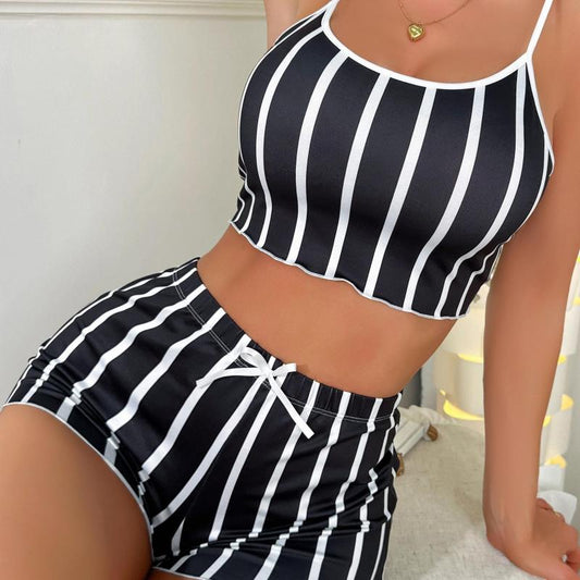 Striped Print Pajama Set Scoop Neck Cami Crop Top & Elastic Waistband Shorts