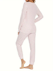 Heart Print Lounge Set Long Sleeve V Neck Top & Pants Women's