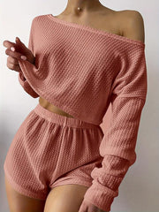 Waffle Lounge Set Long Sleeve Top & Shorts Women's Sleepwear