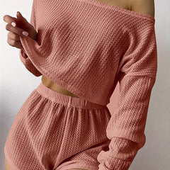Waffle Lounge Set Long Sleeve Top & Shorts Women's Sleepwear