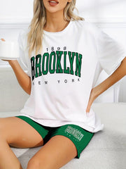 Letter Print Lounge Set Crew Neck Tee Top & Shorts Women's Loungewear
