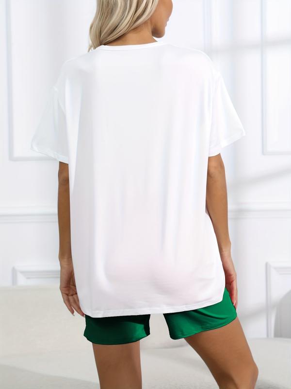 Letter Print Lounge Set Crew Neck Tee Top & Shorts Women's Loungewear
