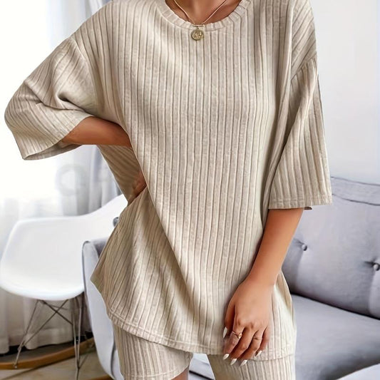 Solid Lounge Set Crew Neck Short Sleeve Top & Shorts Women's L