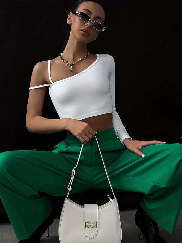 Solid Crop Top Asymmetric Sleeve Hollow Out Top Women's Lingerie