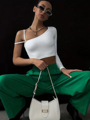 Solid Crop Top Asymmetric Sleeve Hollow Out Top Women's Lingerie