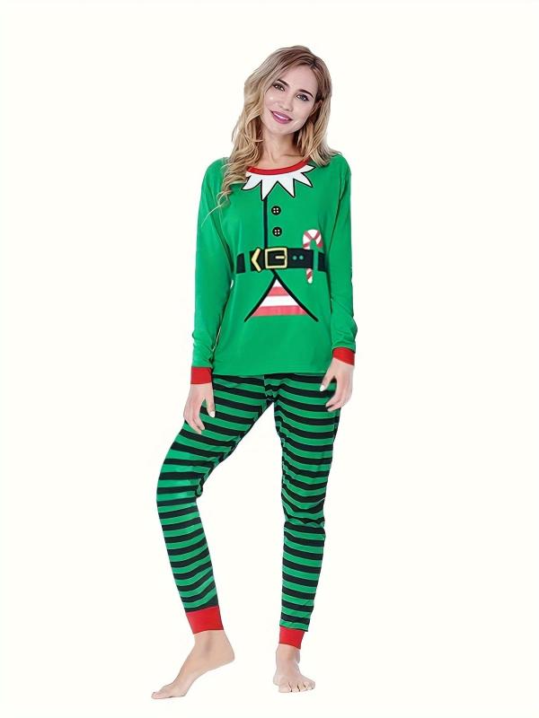 Christmas Print Lounge Set Crew Neck Top & Striped Pants