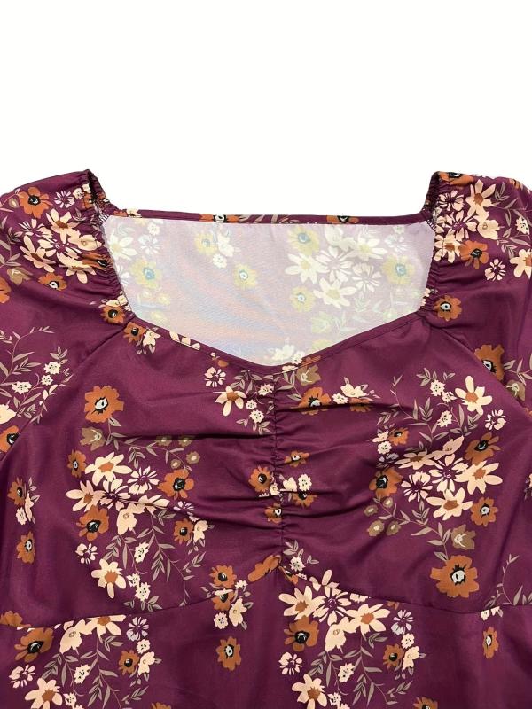 Women's Plus Floral Print Bubble Sleeve Blouse