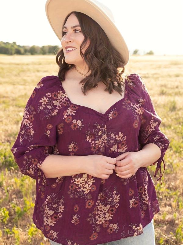 Women's Plus Floral Print Bubble Sleeve Blouse
