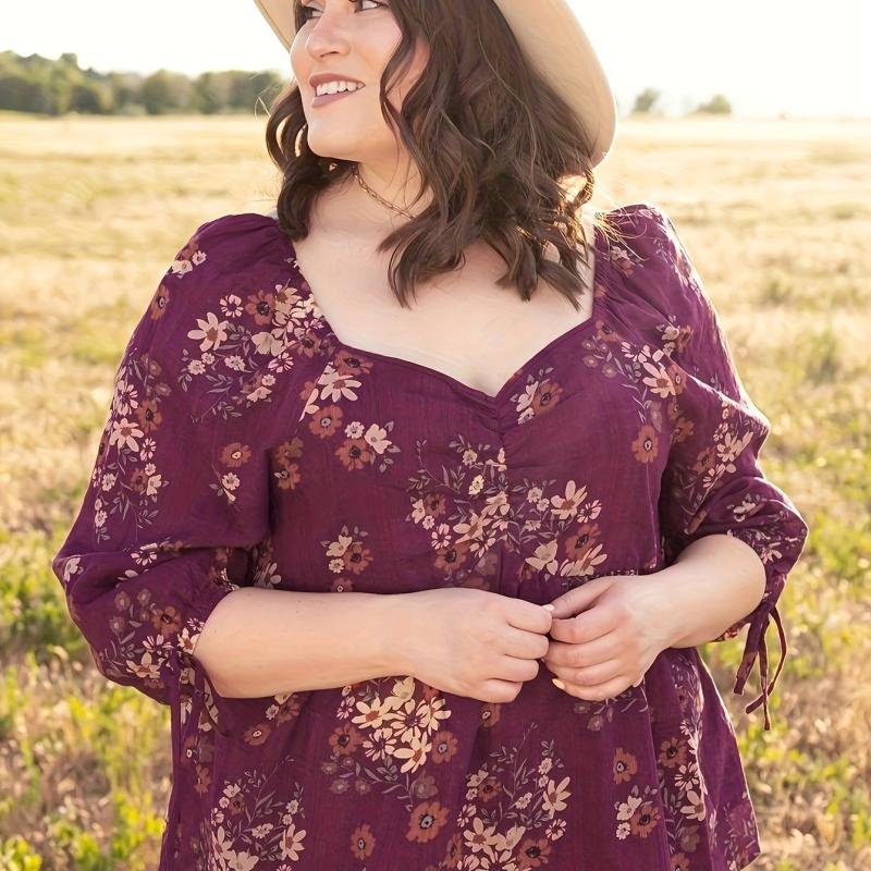 Women's Plus Floral Print Bubble Sleeve Blouse