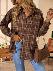 Women's Plus Plaid Print Long Sleeve Button Up Lapel Collar Shirt