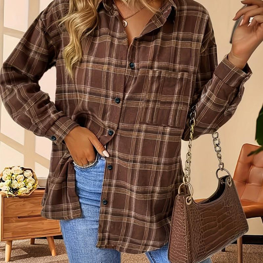 Women's Plus Plaid Print Long Sleeve Button Up Lapel Collar Shirt